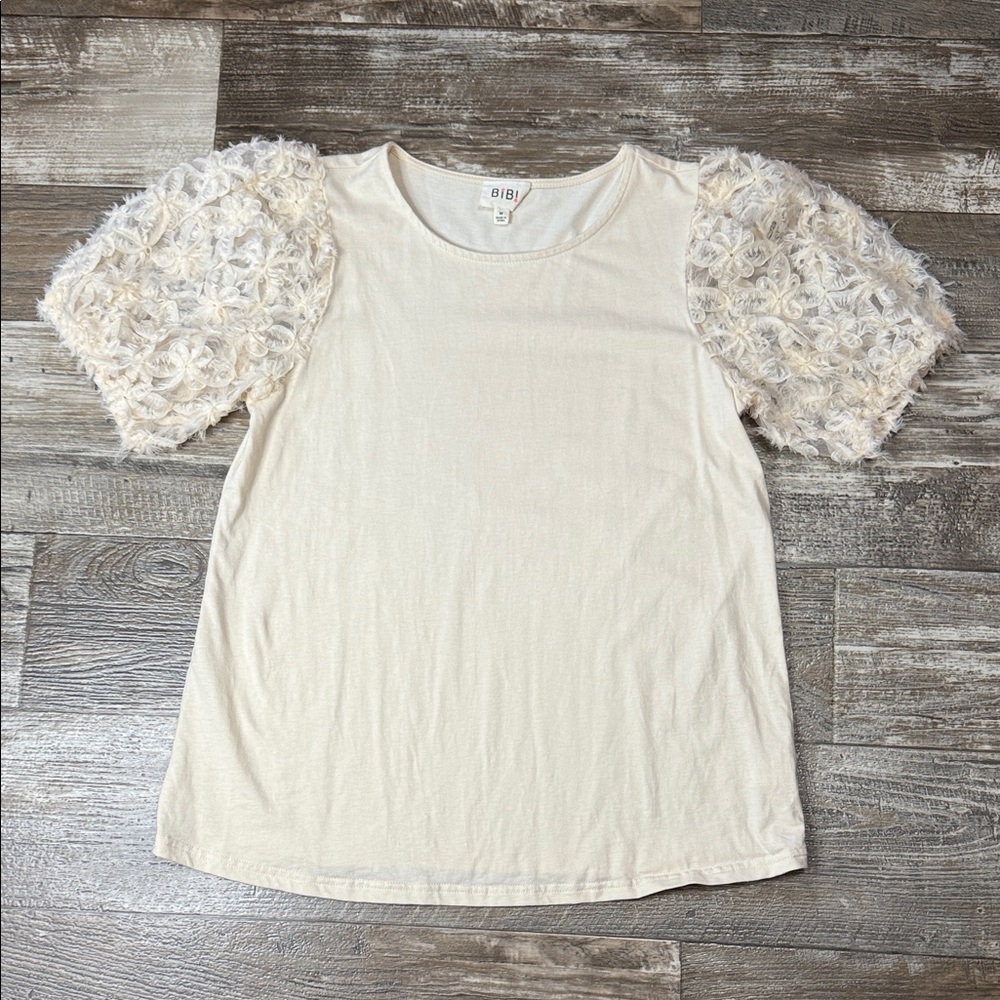 BiBi Ivory Blouse with Floral Sleeves Size Medium